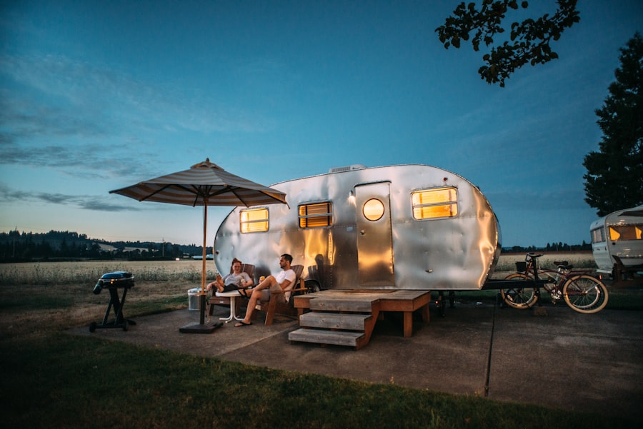 A recreational vehicle parked at a campsite covered by RV insurance