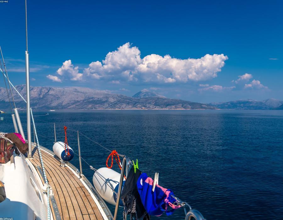 The deck of a yacht overlooking the open sea